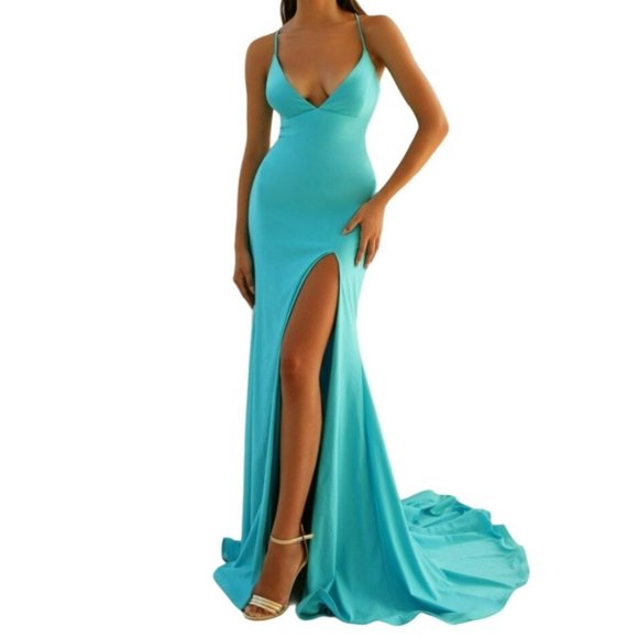 Clarisse V-Neck Lace Up Open Back High Leg Slit Gown Aqua Blue Size 4 NWT